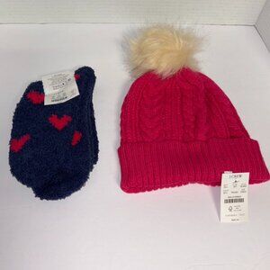 J. Crew Women SET of One Beanie Pom Pom Hat Pink and One SET Hearts Cozy Socks